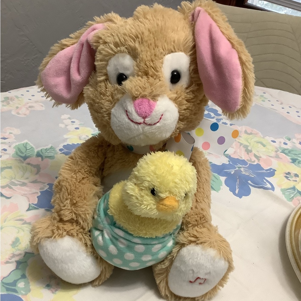 Cuddle Barn Bunny Chick Plush Tan Yellow Stuffed Animated Easter Musical Works